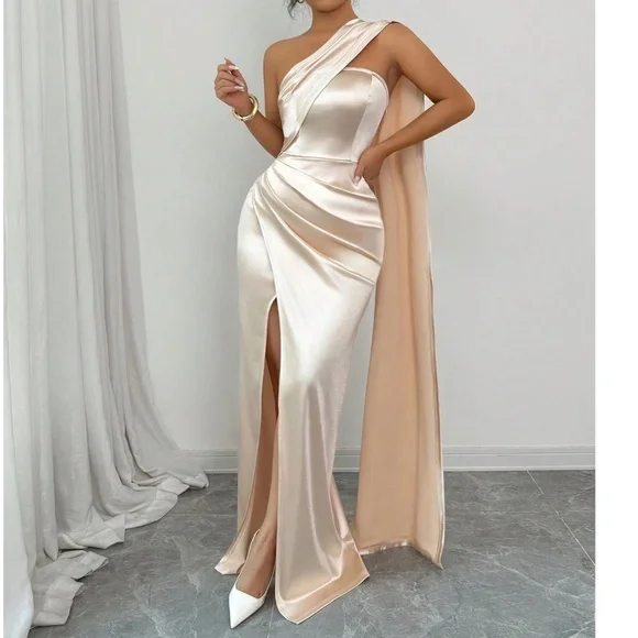 Luxe Satin One Shoulder Ruched Split Thigh Fitted Drape Party Floral Evening Wed - Picture 3 of 6